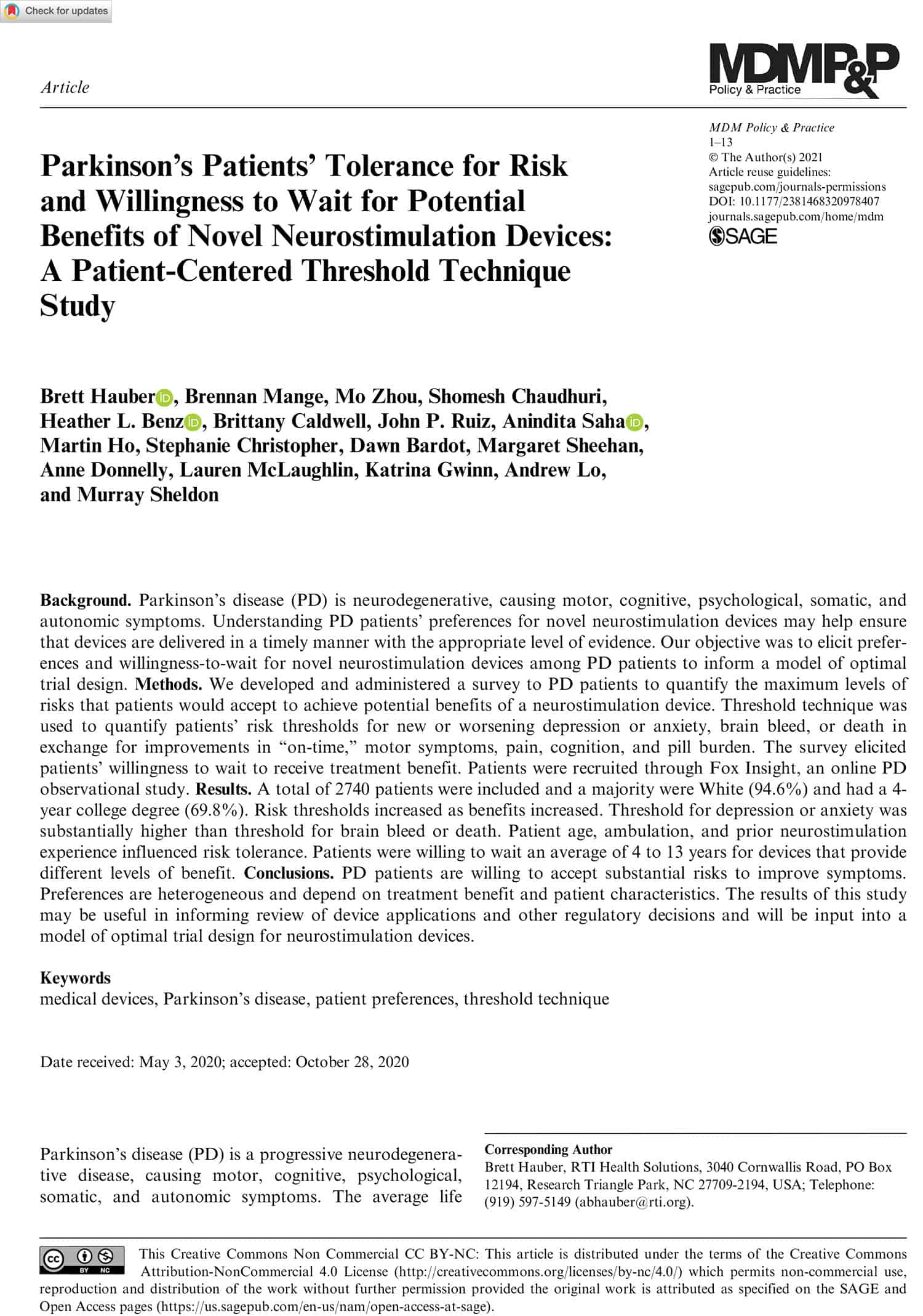 Parkinson’s Patients’ Tolerance for Risk and Willingness to Wait for Potential Benefits of Novel Neurostimulation Devices: A Patient-Centered Threshold Technique Study (PCOR Project Aim 2 paper)